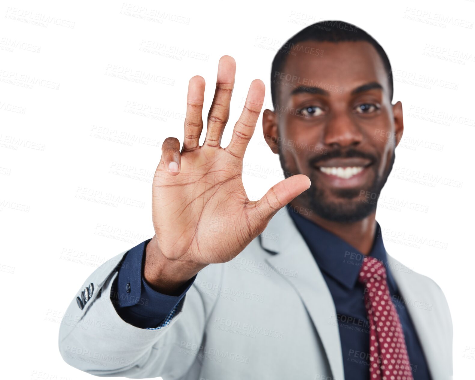 Buy stock photo Four, business and black man counting, hand and sign language in portrait, isolated against transparent background. Face, male employee or consultant with fingers, communication or png with symbol