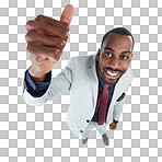 High angle, portrait or businessman and thumbs up on isolated png background, marketing space or advertising mockup. Smile, happy or corporate worker with like, success emoji or winner hand gesture