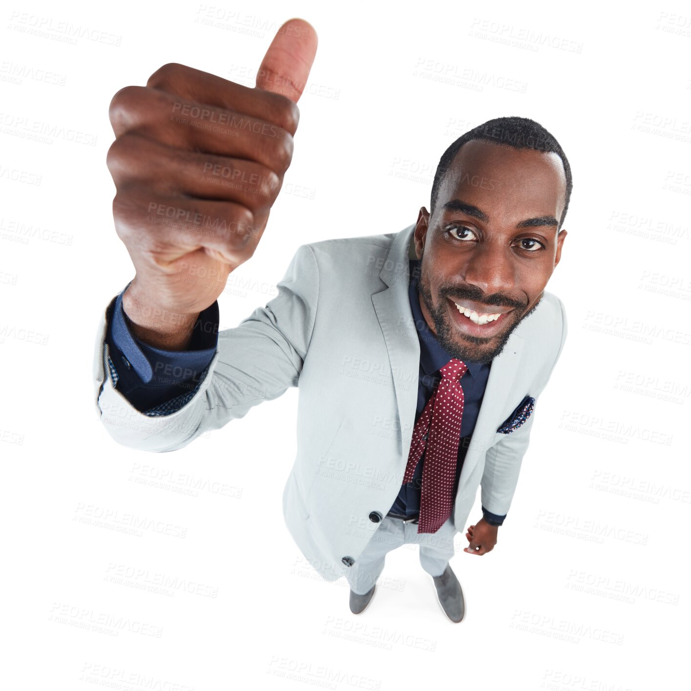 Buy stock photo Man, thumbs up or portrait above isolated on transparent, png background for success, support or thank you hand. Business winner or happy African person in like, ok emoji or agreement of winning sign