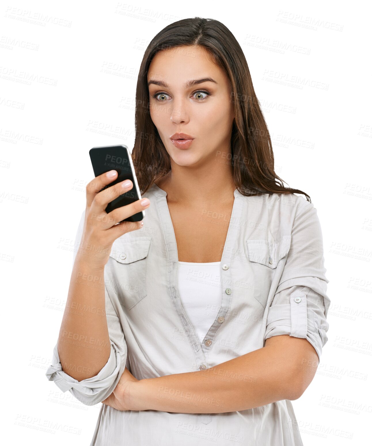 Buy stock photo Woman, surprised and reading phone for online communication or shocking news. Shocked girl, wow and shocking notification or surprise on mobile smartphone isolated on a transparent png background