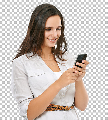 Buy stock photo Phone, typing and happy woman isolated on transparent, png background for social media, mobile app or online chat. Young person on smartphone networking, reading internet post and Web 3.0 connection