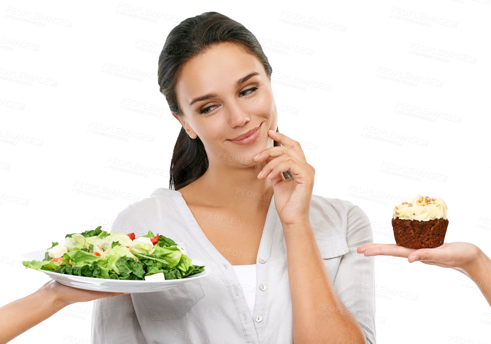 Buy stock photo Thinking, decision and woman with salad and cupcake on isolated, png and transparent background. Nutrition, healthy eating and face of girl with food, cake and choice for diet, detox and wellness