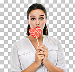 Candy, portrait and happy woman with a lollipop in a studio for a sweets craving, dessert or sugar. Happiness, snack and young female model eating heart shape sweet while isolated on png background