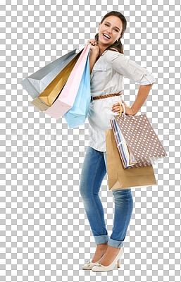 Buy stock photo Portrait, luxury and woman with bags, retail and shopper isolated against a transparent background. Face, female buyer or person with boutique clothes, smile or client with expensive products and png