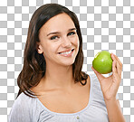 Health, apple and smile with portrait of woman for nutrition, diet and weight loss choice. Fiber, food and vitamins with isolated face of girl eating fruit for wellness, organic and natural in isolated on a png background