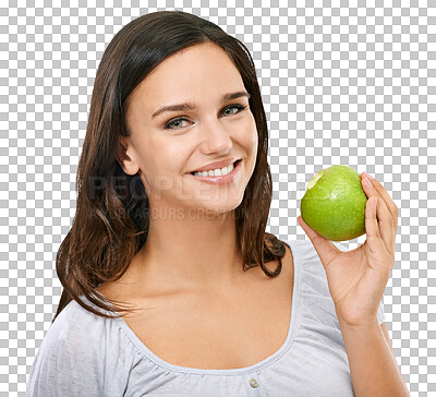 Buy stock photo Fruit, health and portrait of woman with apple on isolated, png and transparent background. Vegan, healthy eating and face of girl with food, fruits and organic snack for diet, detox and wellness