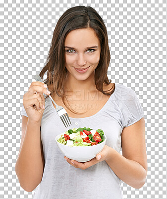 Buy stock photo Food, health and portrait of woman with salad on isolated, png and transparent background. Vegan, healthy eating and happy girl with vegetables for lunch, meal and dinner for diet, detox and wellness