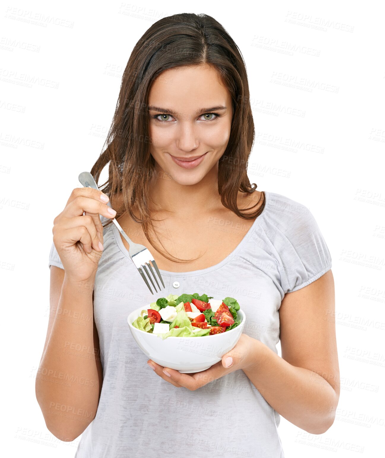 Buy stock photo Food, health and portrait of woman with salad on isolated, png and transparent background. Vegan, healthy eating and happy girl with vegetables for lunch, meal and dinner for diet, detox and wellness