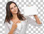 AWoman pointing to mockup poster for advertising, marketing or branding sign. portrait of a model hand holding paper or card with empty space for design mock up isolated on a png background