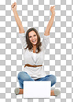 Laptop, celebration and portrait of a happy woman in a studio after winning an online game. Happiness, celebrate and excited female model or winner with a computer isolated on png background.