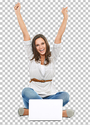 Buy stock photo Laptop, winning and woman in portrait isolated on transparent, png background for competition, prize or bonus Success, freedom and arms in air of person or winner on computer for celebration of news