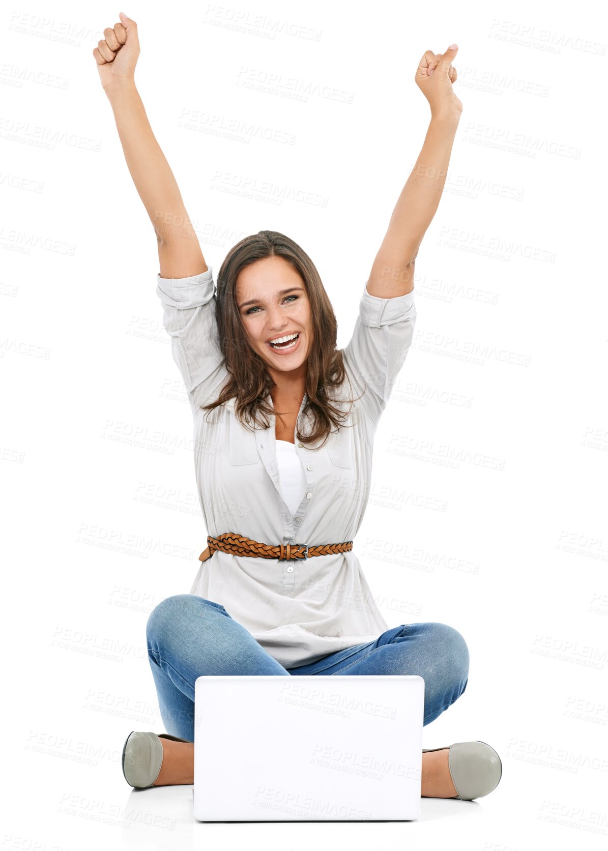 Buy stock photo Laptop, winning and woman in portrait isolated on transparent, png background for competition, prize or bonus Success, freedom and arms in air of person or winner on computer for celebration of news