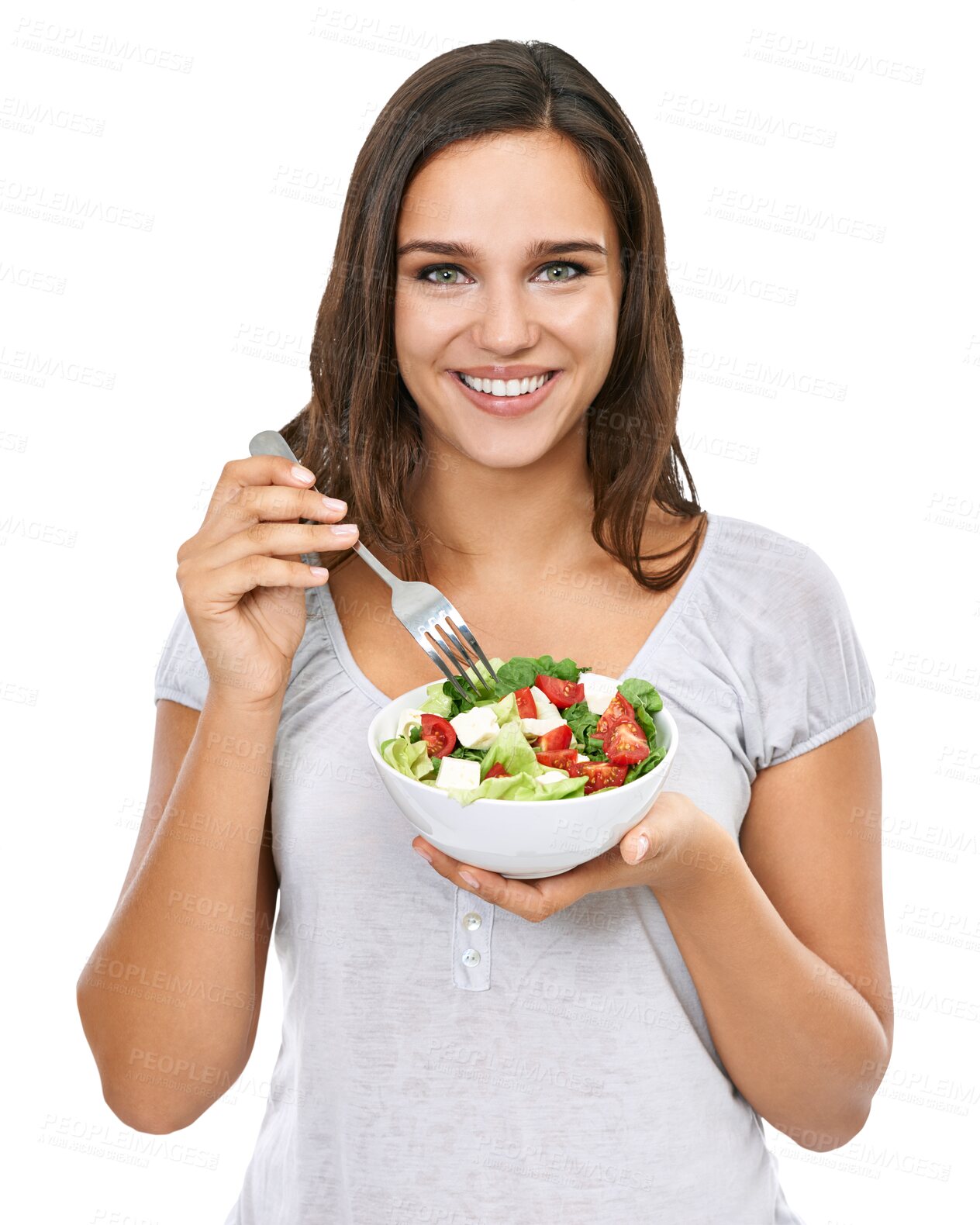 Buy stock photo Food, vegetables and portrait of woman with salad on isolated, png and transparent background. Vegan, healthy eating and face of happy girl with vegetable lunch for balance diet, detox and wellness