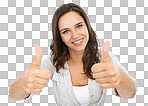 Woman, happy portrait and thumbs up of a beautiful model isolated on png background. Yes, thank you and success hands sign with motivation and winning agreement vision of a female and mockup