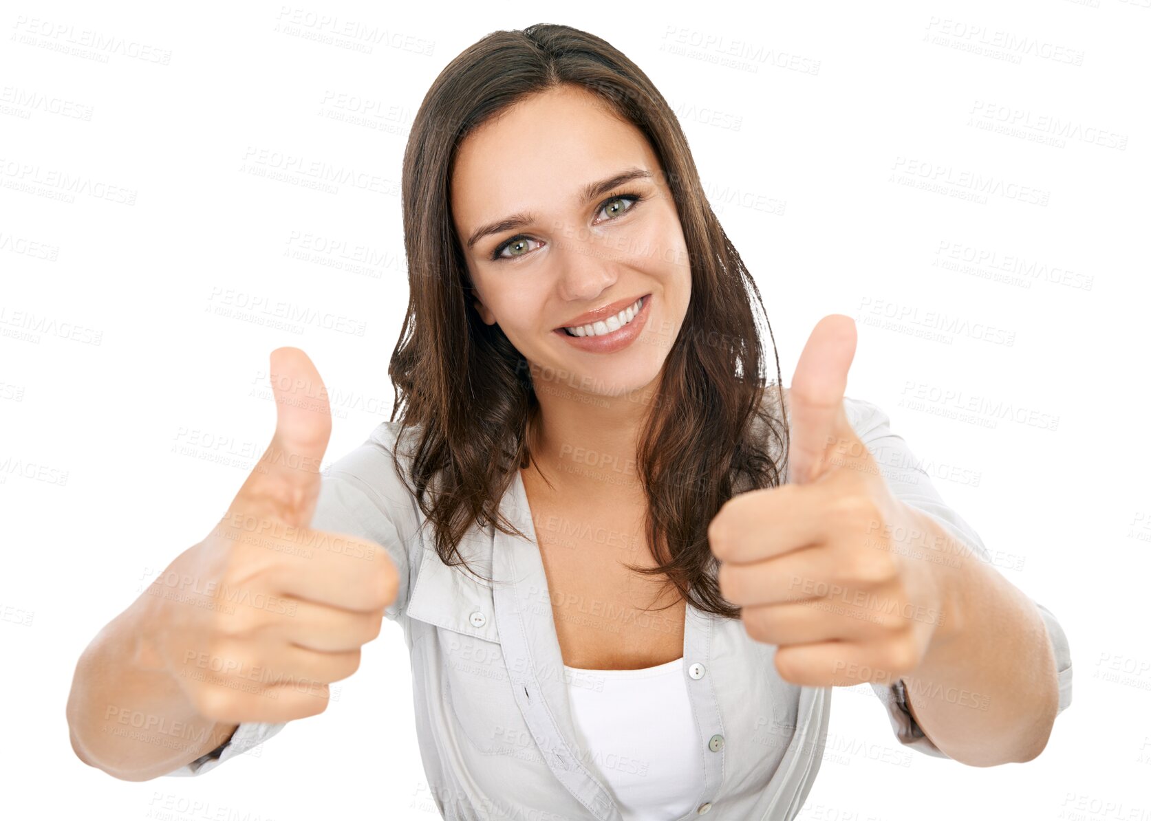 Buy stock photo Thumbs up, happy and portrait of woman with hands on isolated, png and transparent background. Thank you, success and face of female person with yes hand gesture for agreement, approval and good job