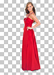 Elegant, prom and portrait of a woman in a red dress for an event isolated on a png background in a studio. Happy, fashion and model in a silk ball gown for a celebration on a studio background