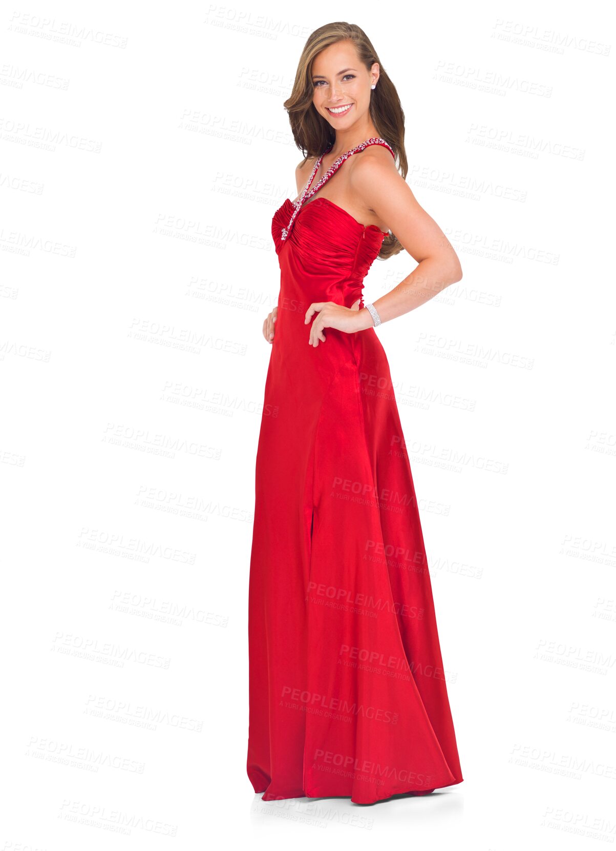 Buy stock photo Portrait, smile and woman in red dress isolated on a transparent png background. Happiness, silk ball gown and female person standing with stylish fashion, elegant and trendy clothes for beauty prom.