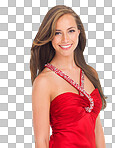 Face portrait, fashion and woman in dress in studio isolated on a png background. Makeup cosmetics, natural beauty and happy female model from Canada in beautiful, trendy and stylish red outfit.