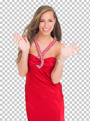 Portrait, fashion and woman wave to welcome you in studio isolated on a png background. Face beauty, waving and greeting of happy female model from Canada in beautiful, trendy and stylish red dress