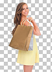 Fashion portrait, shopping bags and woman in Black Friday, sales deals and happy, rich and wealthy female customer standing with gifts after buying at mall isolated on a png background