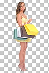 Portrait, shopping sale with a woman customer in studio isolated on a png background for retail. Sales, fashion and shopping bags with a female inside to shop for a bargain, deal or discount