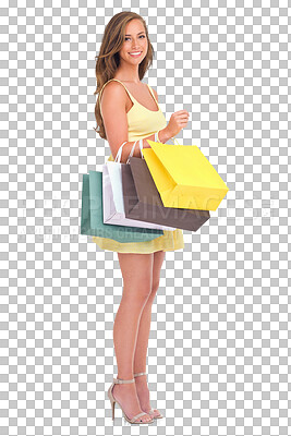 Buy stock photo Shopping bag, fashion portrait and happy woman with product choice, discount sales or mall shop deal. Trendy apparel, shopper or female customer with clothes isolated on transparent, png background