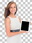 Face, portrait and woman with tablet mockup in Marketing, branding and happy female holding touchscreen technology for product placement or advertising space isolated on a png background