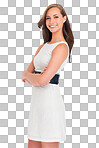 Success, fashion and portrait of business woman isolated on png background for leadership, confident and elegant. Corporate ceo, motivation and girl with arms crossed, happy and smile isolated in studio