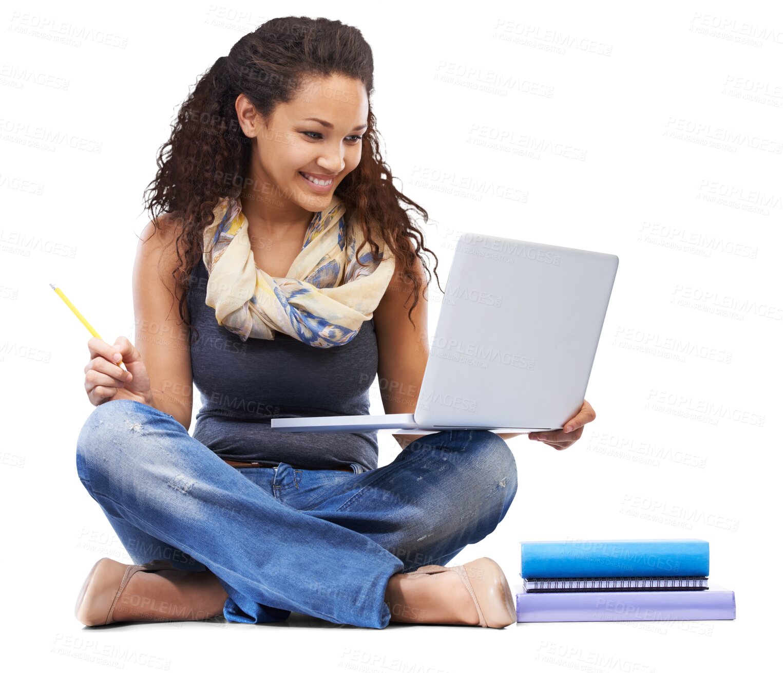 Buy stock photo Laptop, education or student woman isolated on transparent png background for research or online learning. Happy biracial person on floor and computer for university planning, studying or college app