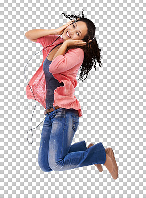 Buy stock photo Portrait, headphones and portrait of woman jumping isolated on transparent, png background for energy, dancing and radio. Happy biracial person dance in air and listening to music on audio technology