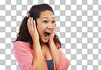 A Woman, wow face and excited for music, headphones and studio background. Happy, crazy and surprise girl listening to audio, podcast and radio of amazing entertainment announcement isolated on a png background