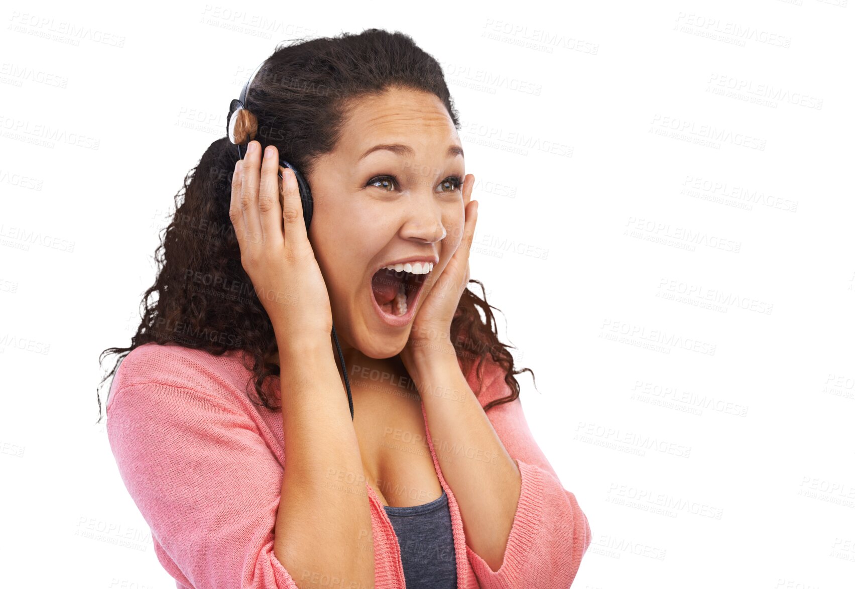 Buy stock photo Audio, headphones and woman singing and excited for music isolated on a transparent png background. Happy, loud and wow or shouting face by female person listening to radio, podcast or announcement