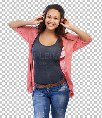 Buy stock photo Headphones, portrait and happy woman isolated on transparent, png background listening to music. Young person or model with audio technology and smile for mental health and retro radio, sound or song