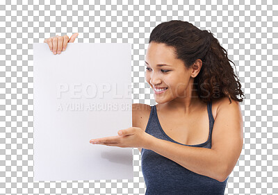 Buy stock photo Happy woman, blank sign and showing board with promo space for info isolated on transparent, png background. Happiness, mockup and girl with empty paper poster in hand for presentation with smile.