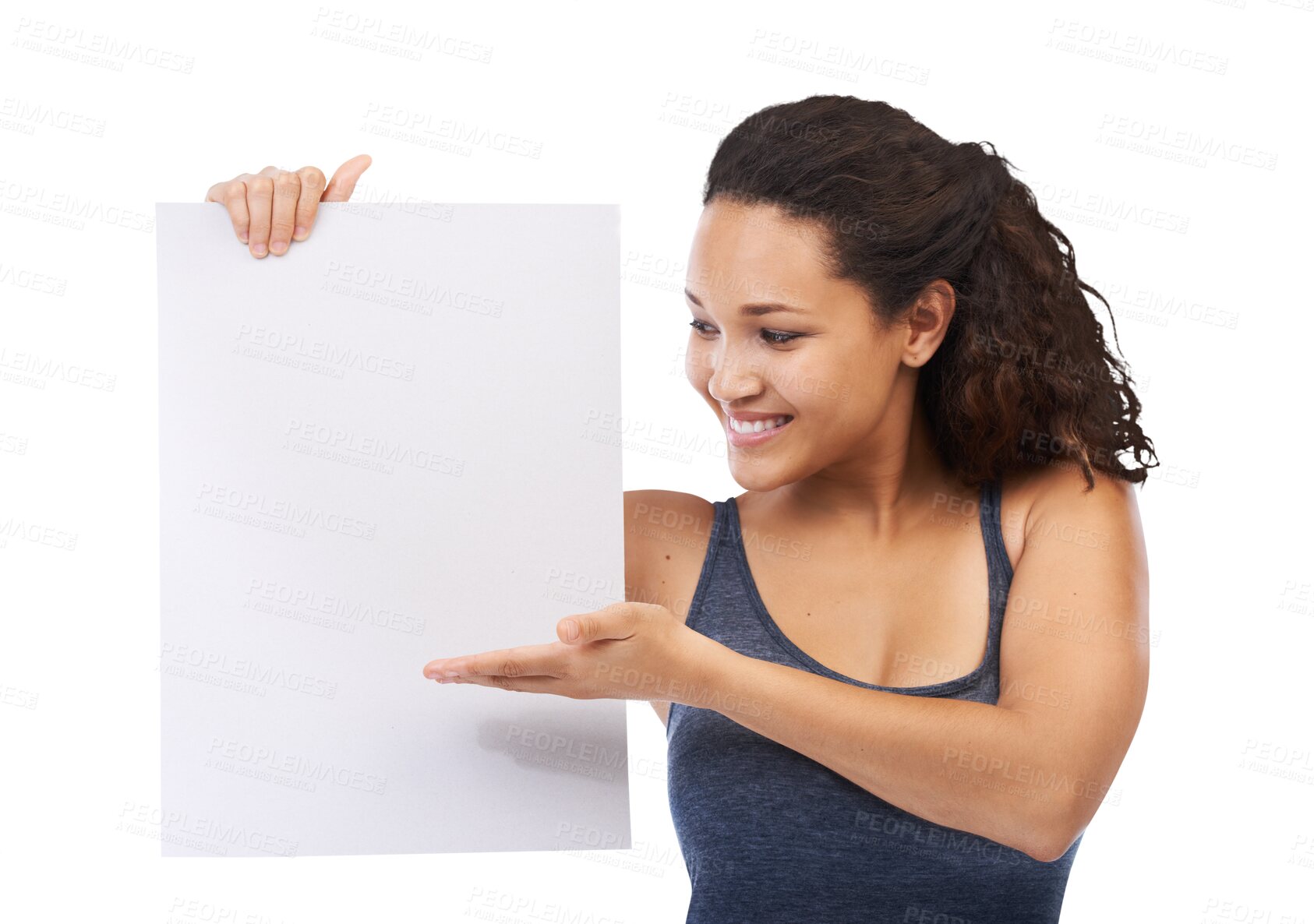 Buy stock photo Happy woman, blank sign and showing board with promo space for info isolated on transparent, png background. Happiness, mockup and girl with empty paper poster in hand for presentation with smile.