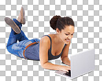 Black woman, study and laptop on a floor for research, writing and online project in studio. Education, typing and woman learning, university and internet search, creative and isolated on a png background