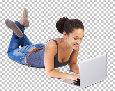 Buy stock photo Laptop, student and woman working on research on the internet lying down on a floor and writing online project. Web, typing and person learning on a website isolated in transparent png background