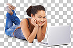 A Portrait, laptop and black woman on floor and happy face. Female model, computer and technology for social network, online shopping and internet seo, web and blog isolated on a png background