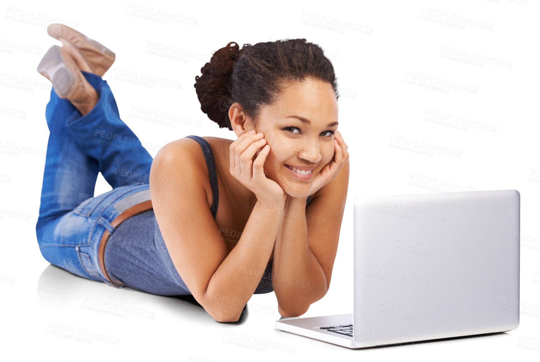 Buy stock photo Laptop, smile and portrait of woman or student lying down on the floor isolated in a transparent png background. Technology, social media and female person relax while on the internet, web or website