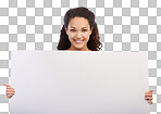 Black woman, smile portrait and blank poster or billboard in studio for sales marketing, advertising and company news mockup. African girl, happy model and design signage space in isolated on a png background