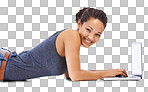 Laptop, student and portrait of woman on studio floor for research, writing and online project. Education and black woman elearning, university and internet search, creative and isolated on a png background