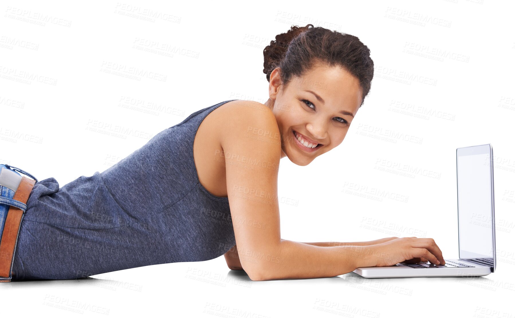 Buy stock photo Laptop, student and portrait of woman on the floor doing research isolated in a transparent png background. Education, learning and black woman elearning or using the internet for online project