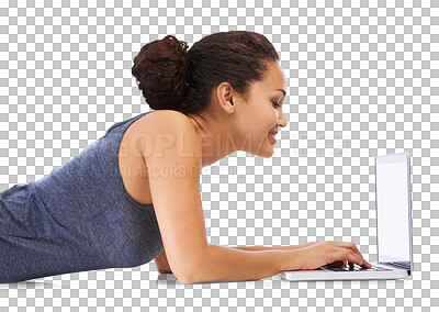 Buy stock photo Education, laptop and woman learning on floor on isolated, transparent and png background. Research, study and university student online, smile and happy for remote studying, homework or assignment 