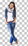 A model, portrait and happy black woman with fashion and natural beauty in standing woman and female student isolated leaning with happiness, smiling and mockup isolated on a png background