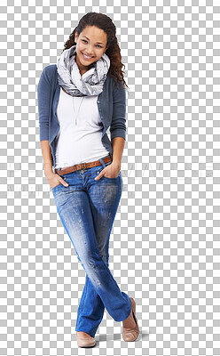 Buy stock photo Happy woman, portrait and smile with fashion and natural beauty standing isolated on a transparent PNG background. Female student or girl leaning or smiling with style in happiness or casual clothing