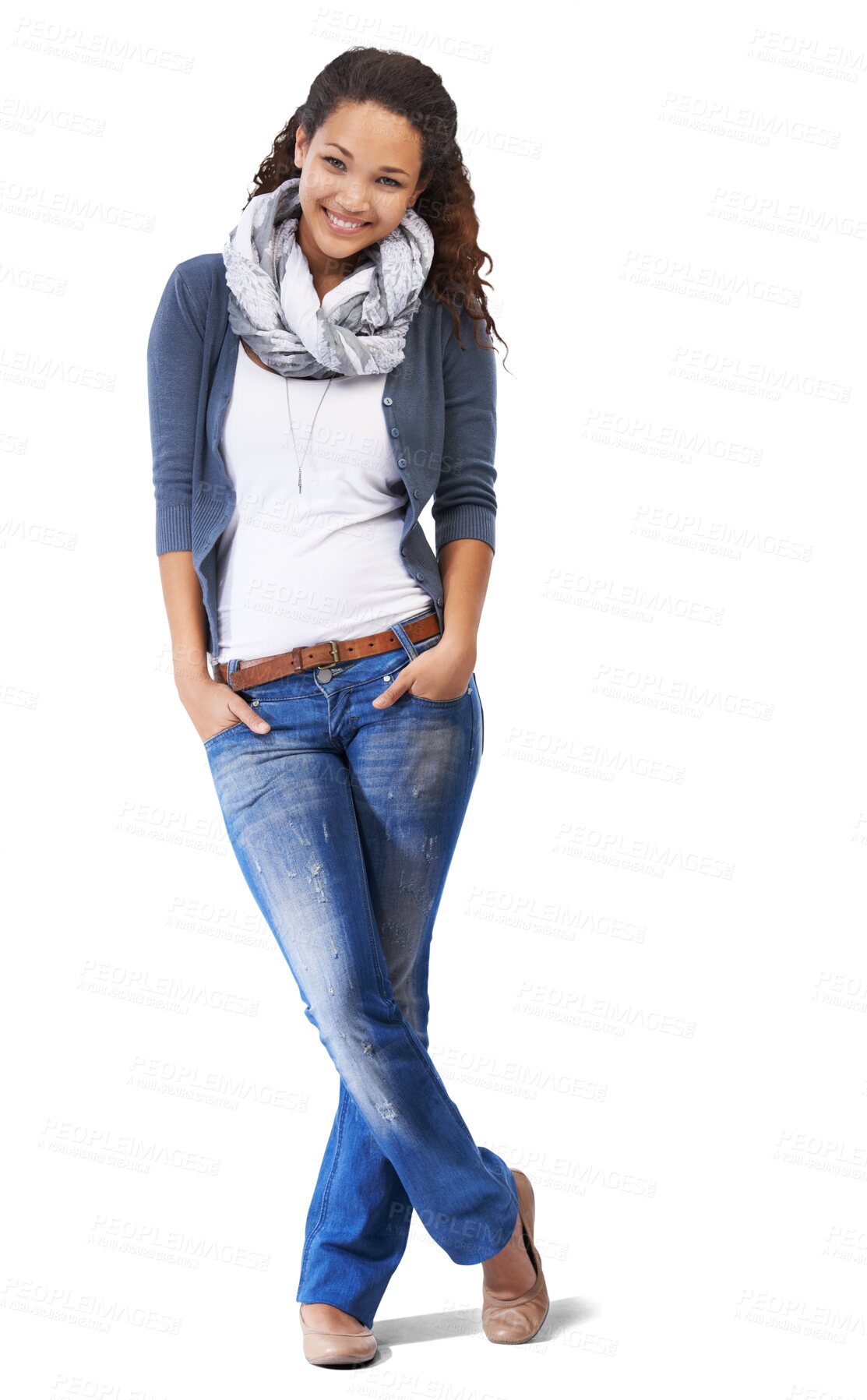 Buy stock photo Happy woman, portrait and smile with fashion and natural beauty standing isolated on a transparent PNG background. Female student or girl leaning or smiling with style in happiness or casual clothing