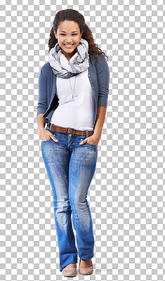 Buy stock photo Black woman, model and portrait of a happy person with fashion and natural beauty. Isolated African female student standing with hands in jeans, happiness or full body on a transparent PNG background