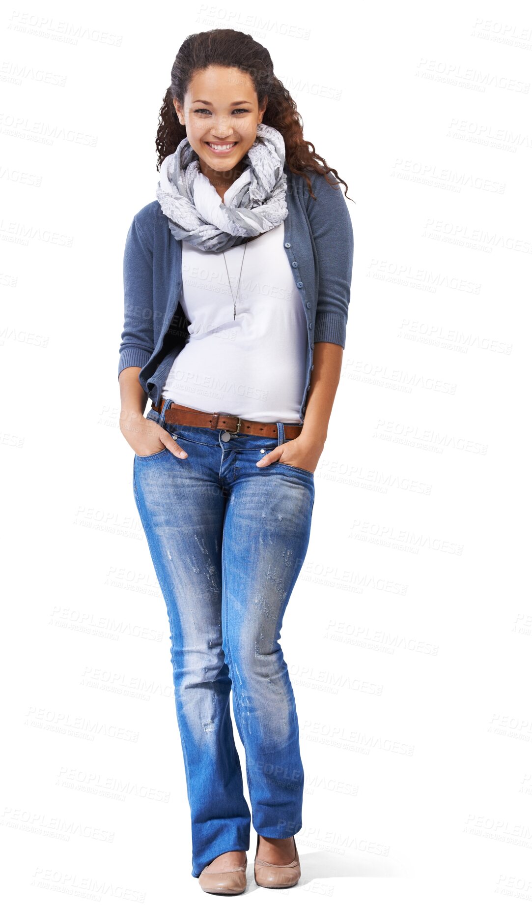 Buy stock photo Black woman, model and portrait of a happy person with fashion and natural beauty. Isolated African female student standing with hands in jeans, happiness or full body on a transparent PNG background