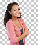 Thinking, vision and mindset with a black woman in studio isolated on a png background while standing arms crossed. Idea, happy and smile with an attractive young female looking toward mockup space