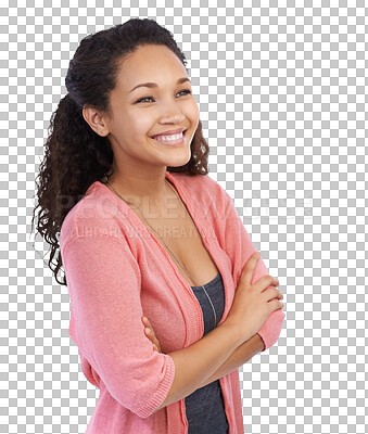 Buy stock photo Thinking, vision and mindset of black woman isolated on a transparent png background. Happy, thoughtful and attractive young female standing with arms crossed and smile for idea or contemplating